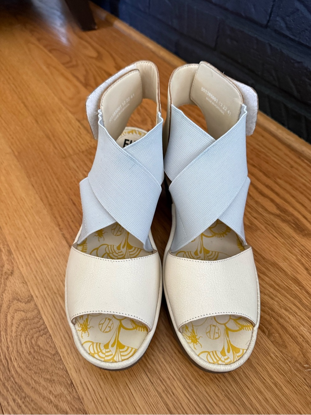 Fly London Cream and Light Gray Crossband Wedge Sandals 41